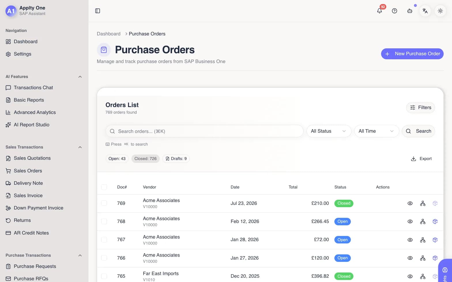 APPLTY ONE purchase orders list