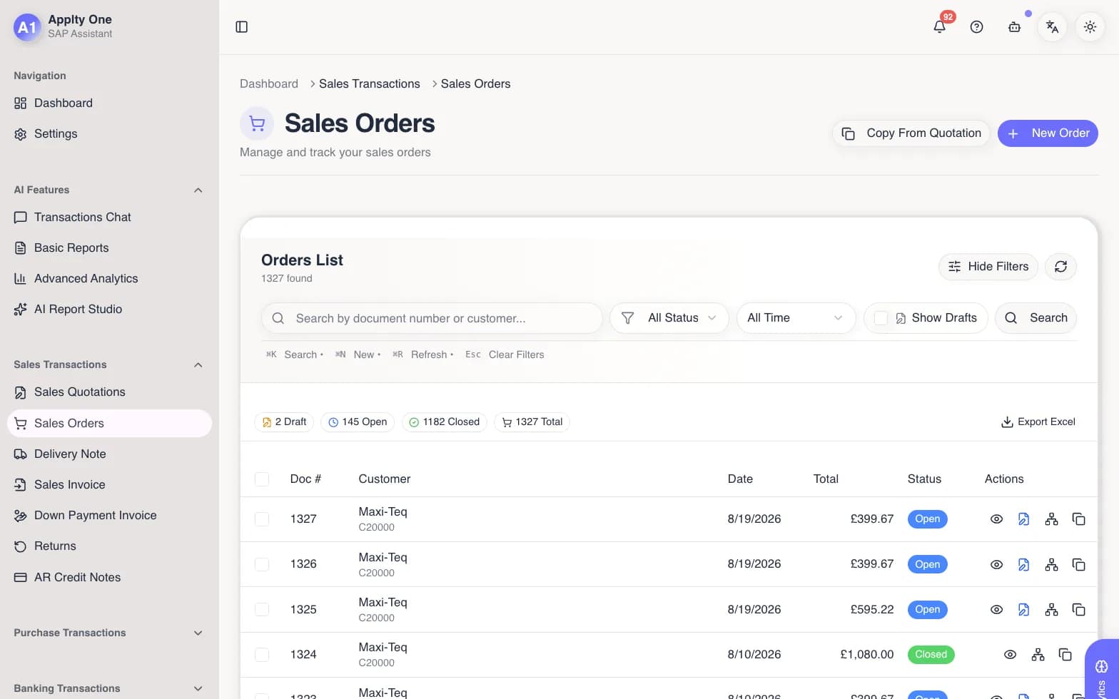APPLTY ONE sales orders list with open, closed and draft counts