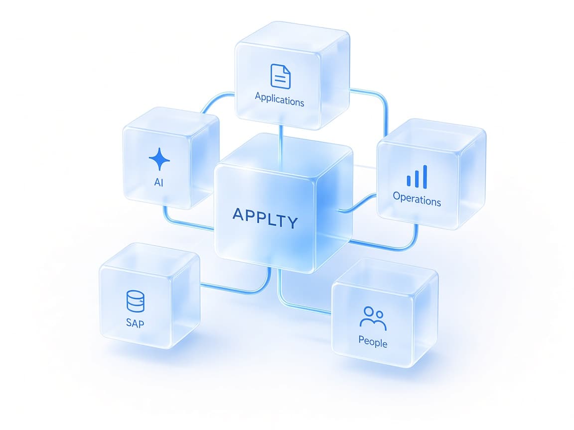 Glass cubes labelled AI, Applications, Operations, SAP and People, connected around an APPLTY core
