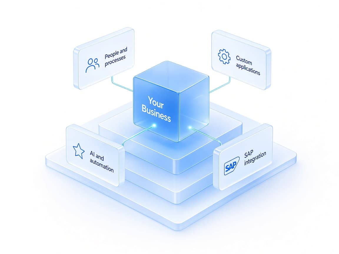 A glass platform with your business at the centre, surrounded by people and processes, custom applications, AI and automation, and SAP integration