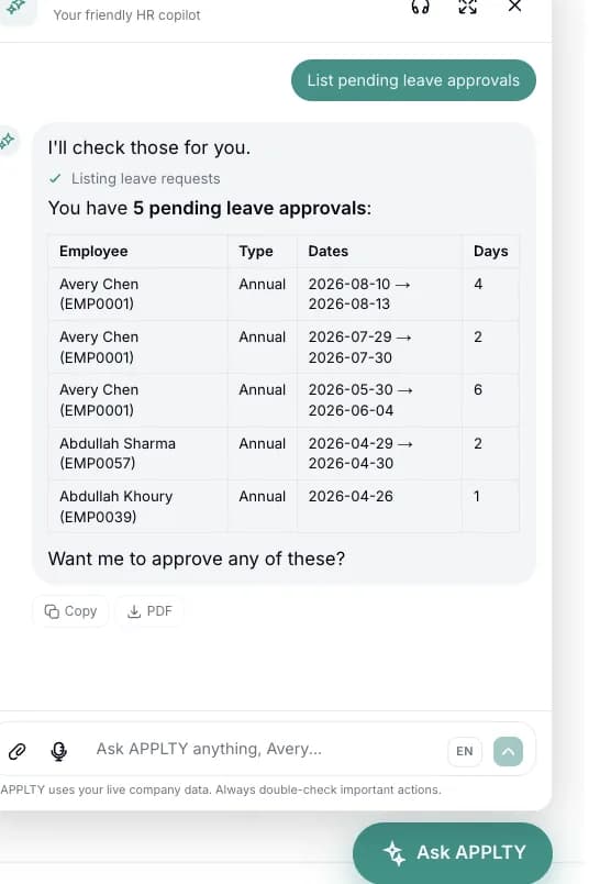 The APPLTY HR copilot listing pending leave approvals