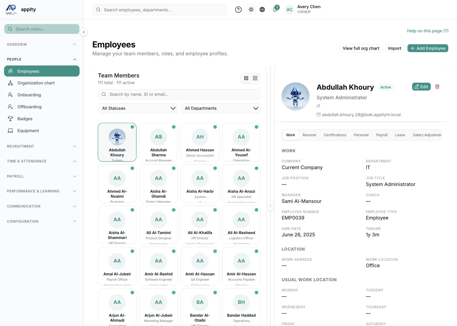 APPLTY HR employee directory with a selected employee profile