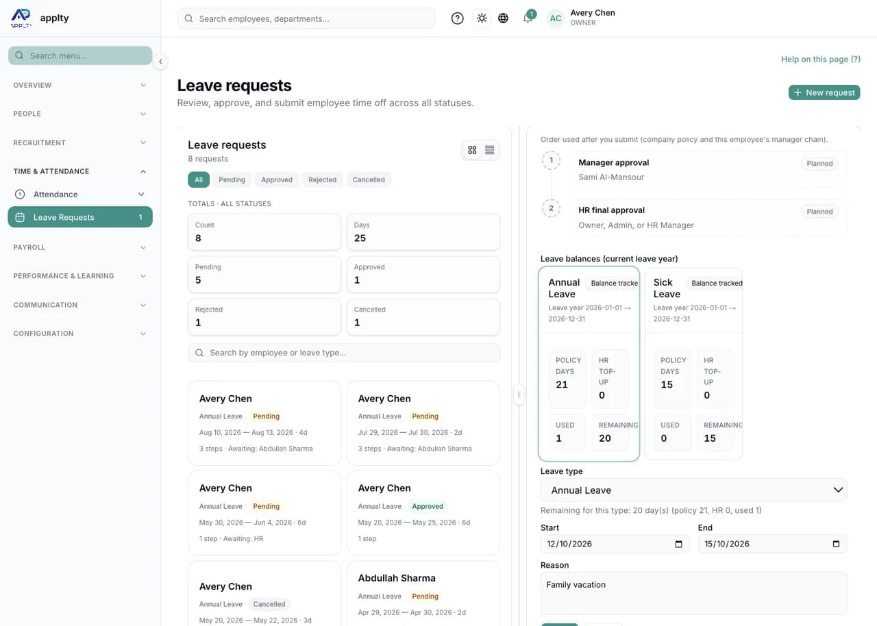 Creating a leave request in APPLTY HR, with the approval sequence and leave balances shown before submitting