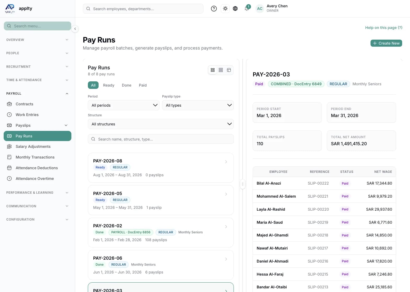 APPLTY HR pay run PAY-2026-03 with 110 paid payslips