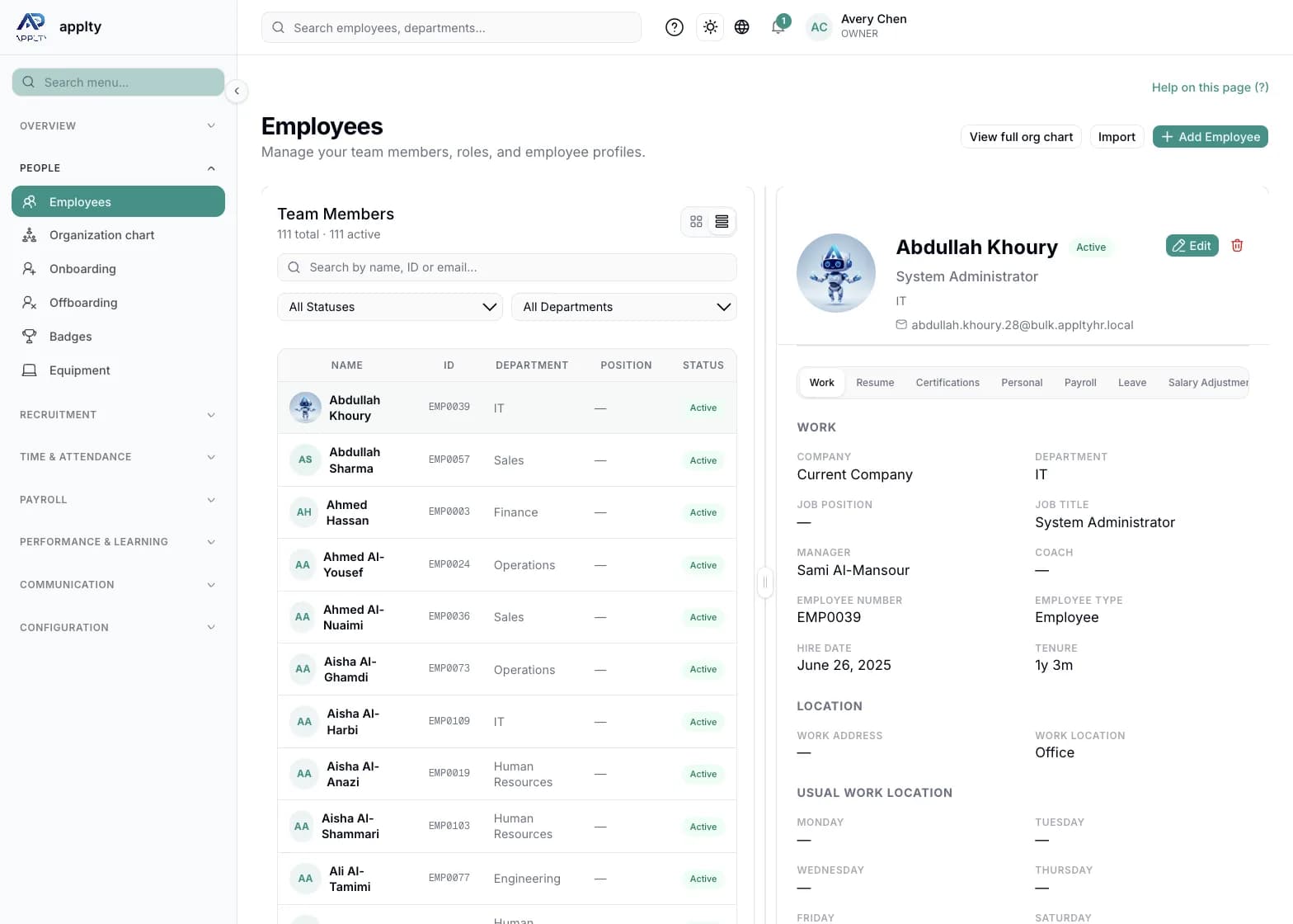 APPLTY HR employee list view with department and status